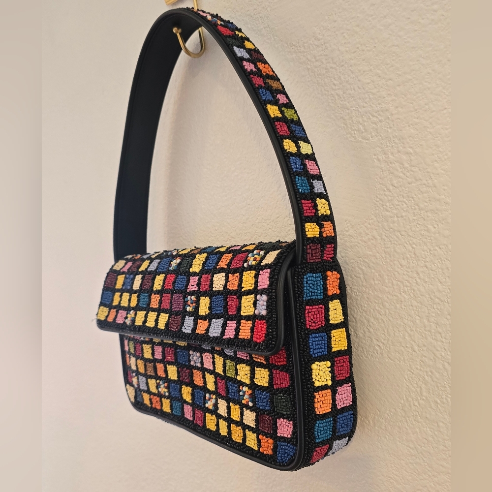 Staud NWOT Tommy Beaded Shoulder Bag In Dance Floor Glass Beads Leather Piping - Picture 9 of 16